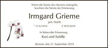 Traueranzeige von Irmgard Grieme von SYK