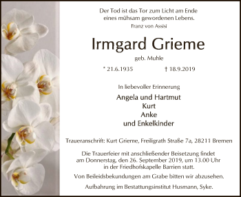 Traueranzeige von Irmgard Grieme von SYK