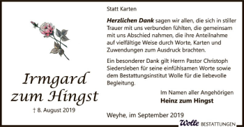 Traueranzeige von Irmgard zum Hingst von SYK