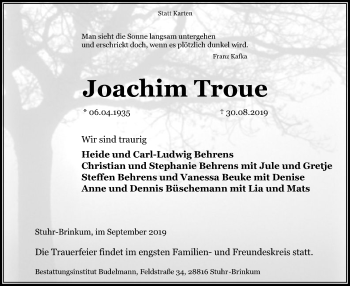 Traueranzeige von Joachim Troue von SYK