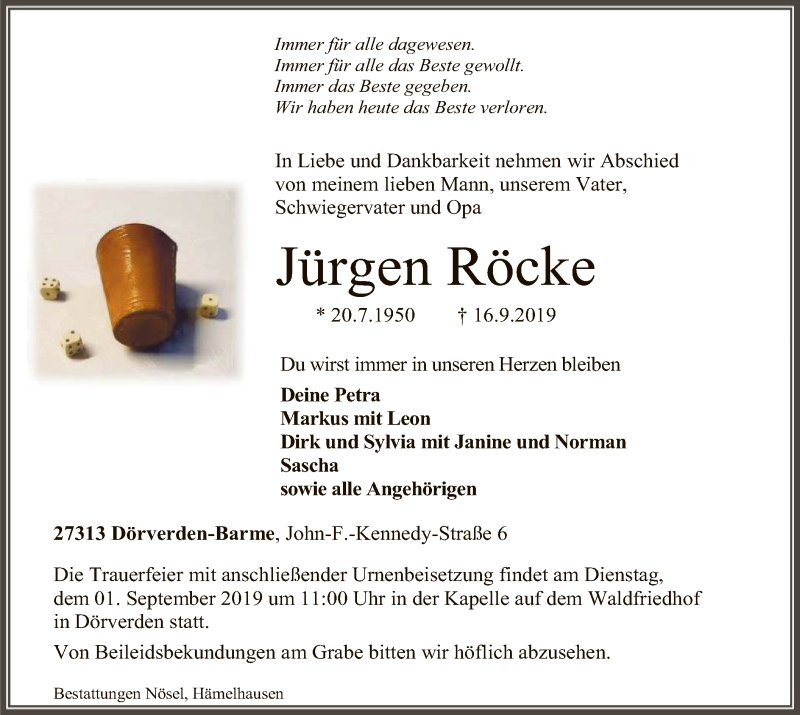  Traueranzeige für Jürgen Röcke vom 26.09.2019 aus SYK