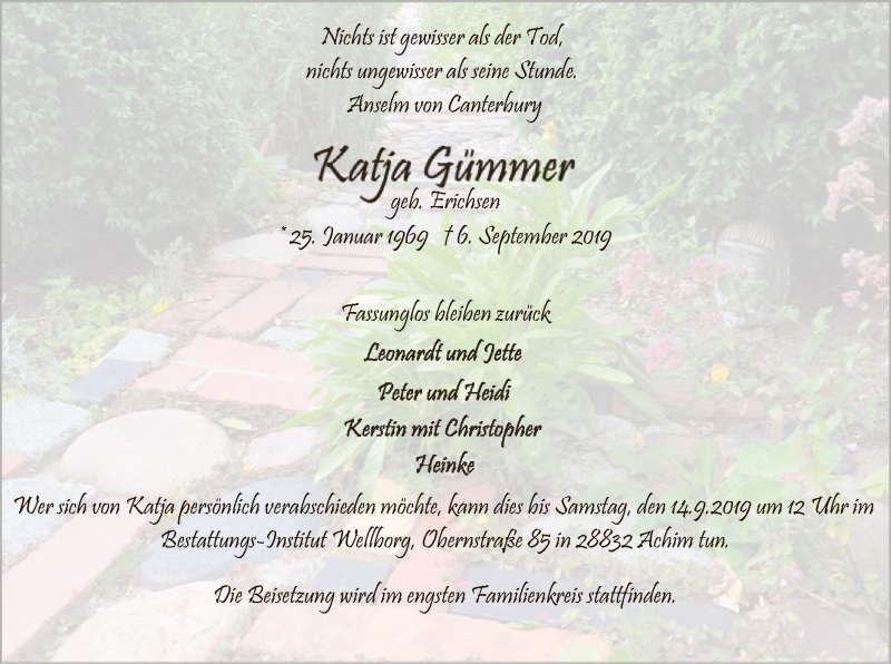 Traueranzeige für Katja Gümmer vom 11.09.2019 aus SYK