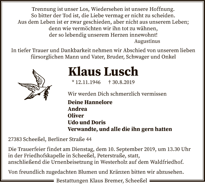  Traueranzeige für Klaus Lusch vom 05.09.2019 aus SYK