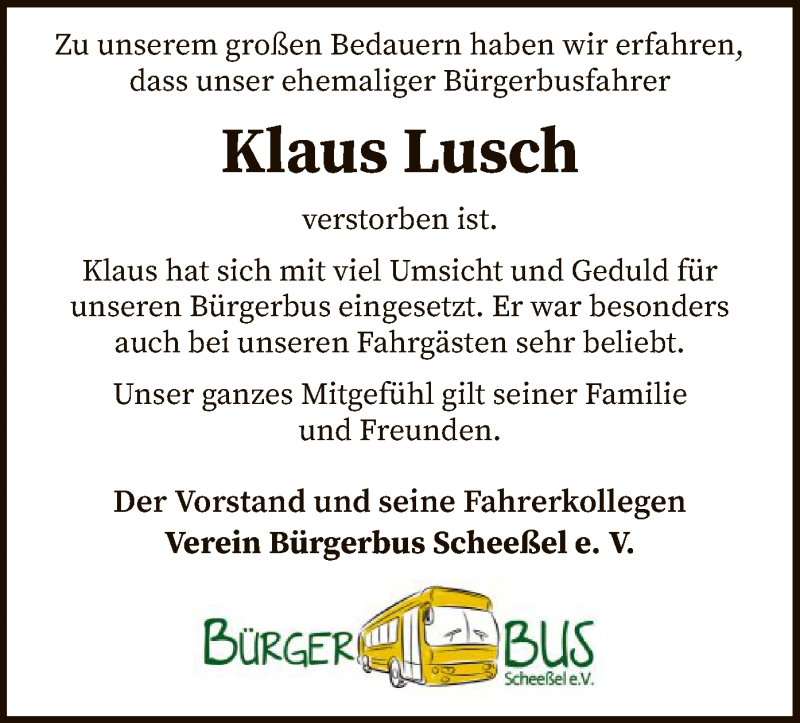  Traueranzeige für Klaus Lusch vom 05.09.2019 aus SYK