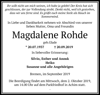 Traueranzeige von Magdalene Rohde von SYK