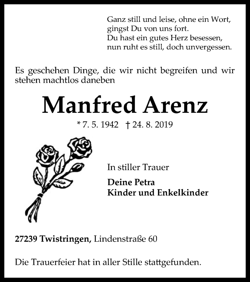  Traueranzeige für Manfred Arenz vom 07.09.2019 aus SYK