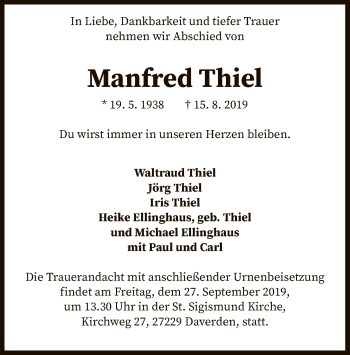 Traueranzeige von Manfred Thiel von SYK