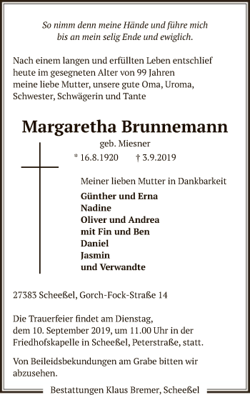 Traueranzeige von Margaretha Brunnemann von SYK