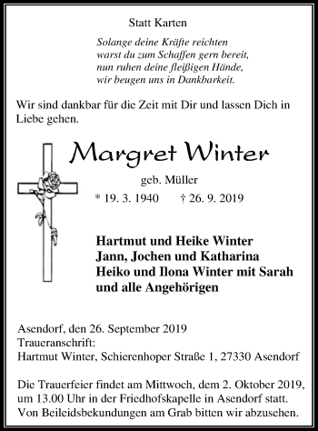 Traueranzeige von Margret Winter von SYK