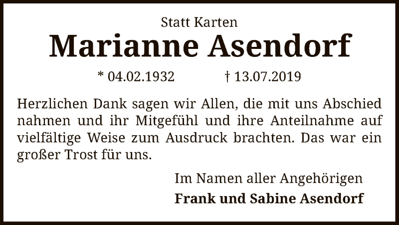  Traueranzeige für Marianne Asendorf vom 07.09.2019 aus SYK