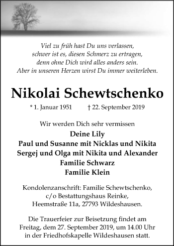 Traueranzeige von Nikolai Schewtschenko von SYK