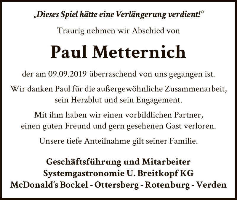 Traueranzeige für Paul Metternich vom 12.09.2019 aus SYK