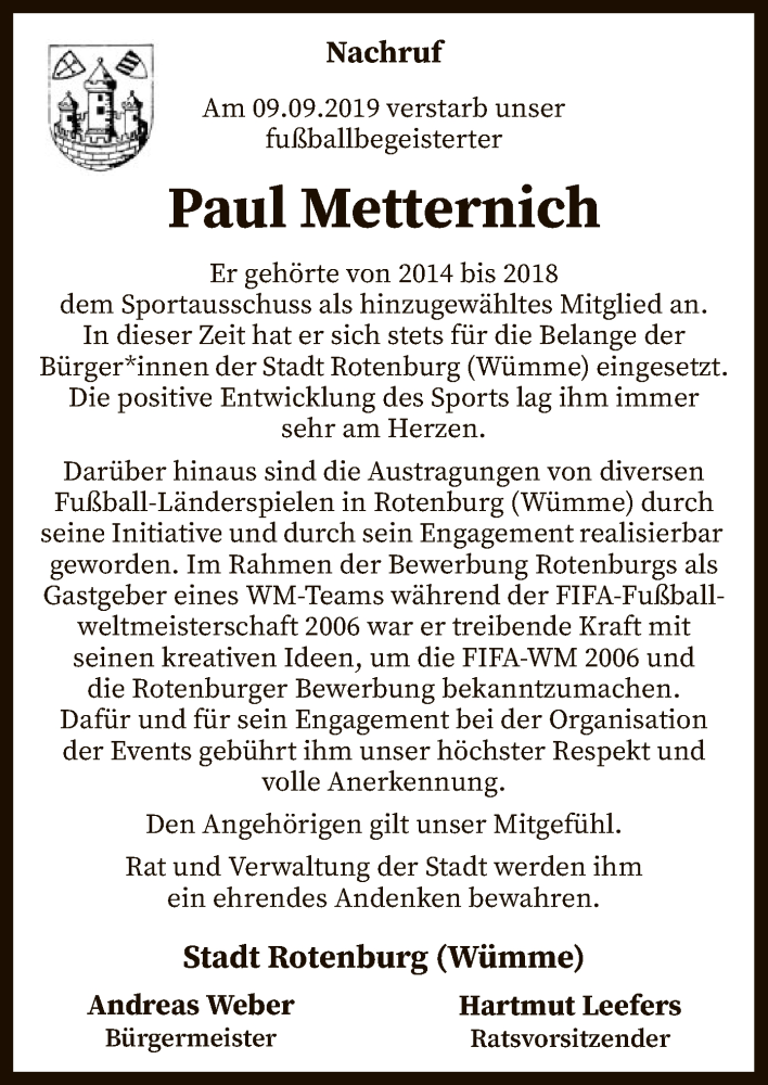  Traueranzeige für Paul Metternich vom 12.09.2019 aus SYK