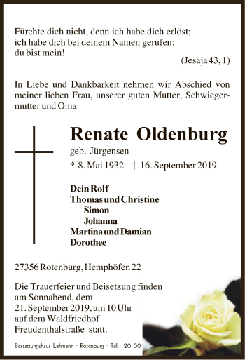 Traueranzeige von Renate Oldenburg von SYK