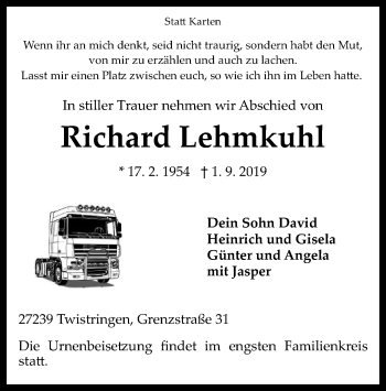 Traueranzeige von Richard Lehmkuhl von SYK