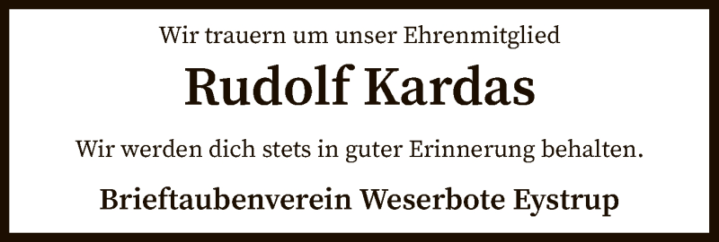  Traueranzeige für Rudolf Kardas vom 26.09.2019 aus SYK