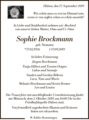 Traueranzeige von Sophie Brockmann von SYK