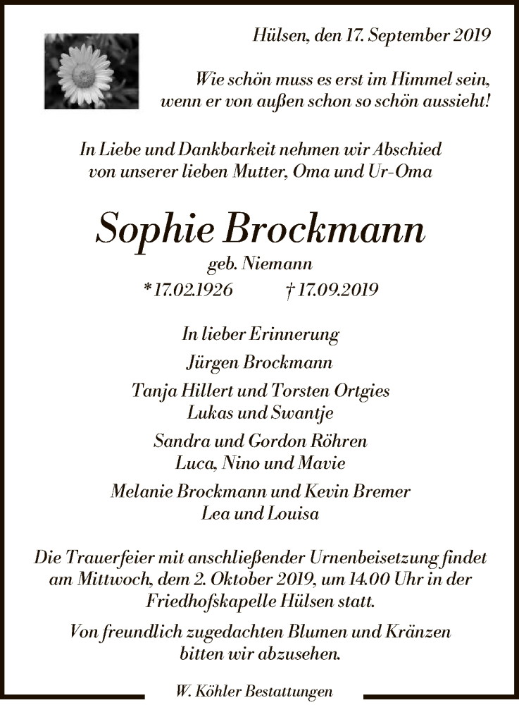  Traueranzeige für Sophie Brockmann vom 28.09.2019 aus SYK