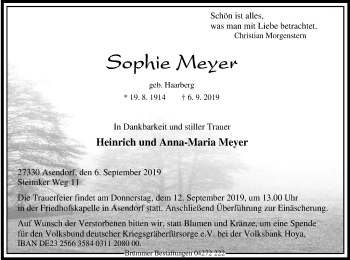 Traueranzeige von Sophie Meyer von SYK