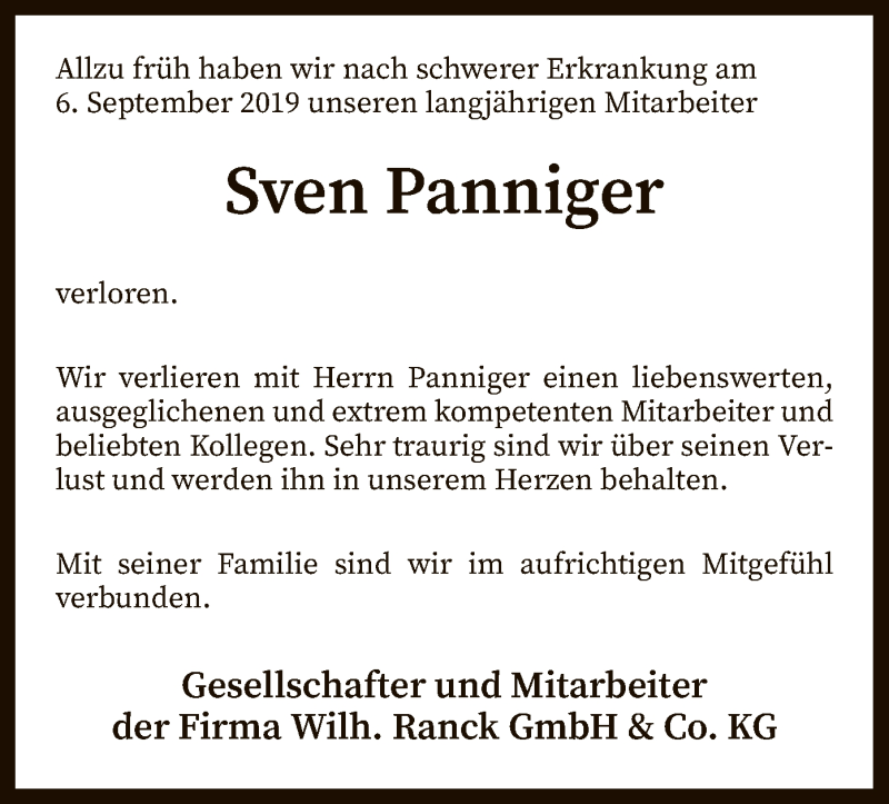  Traueranzeige für Sven Panniger vom 10.09.2019 aus SYK