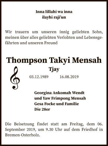 Traueranzeige von Thompson Takyi Mensah von SYK