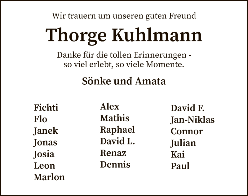  Traueranzeige für Thorge Kuhlmann vom 25.09.2019 aus SYK
