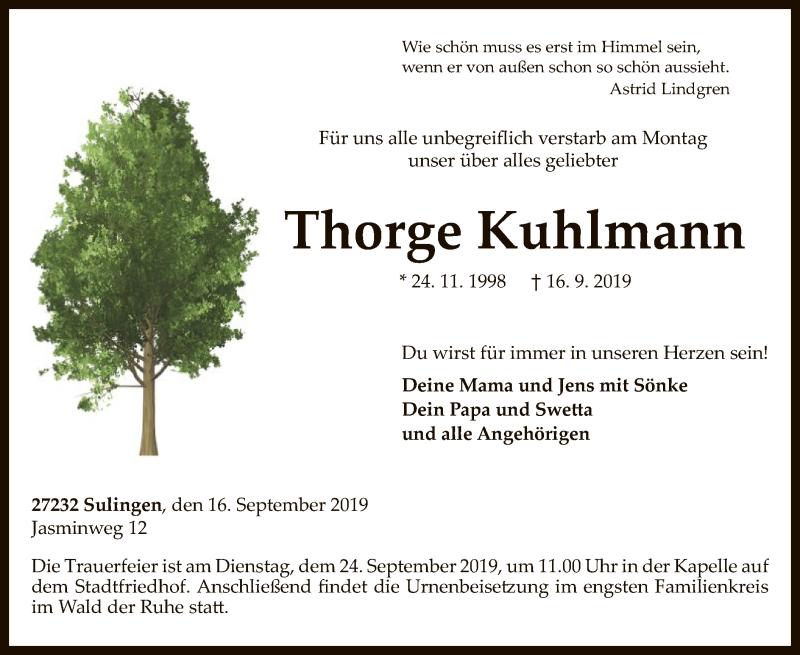  Traueranzeige für Thorge Kuhlmann vom 20.09.2019 aus SYK