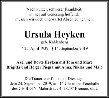 Traueranzeige von Ursula Heyken von SYK