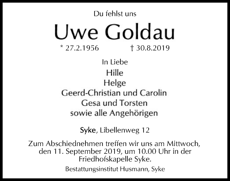  Traueranzeige für Uwe Goldau vom 07.09.2019 aus SYK