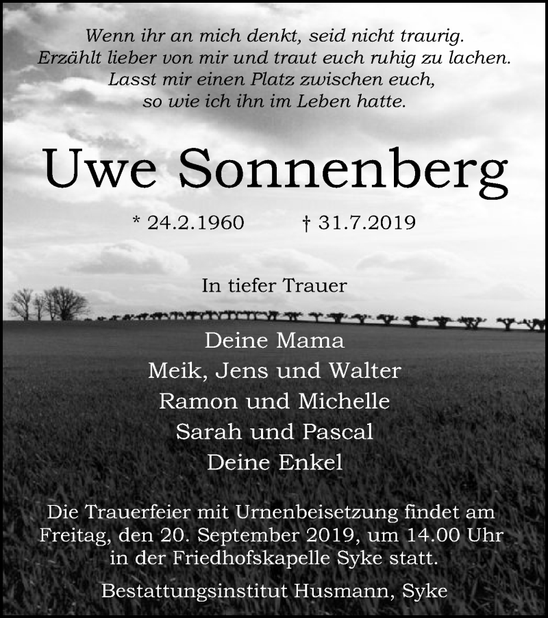  Traueranzeige für Uwe Sonnenberg vom 14.09.2019 aus SYK