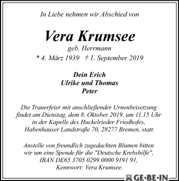 Traueranzeige von Vera Krumsee von SYK