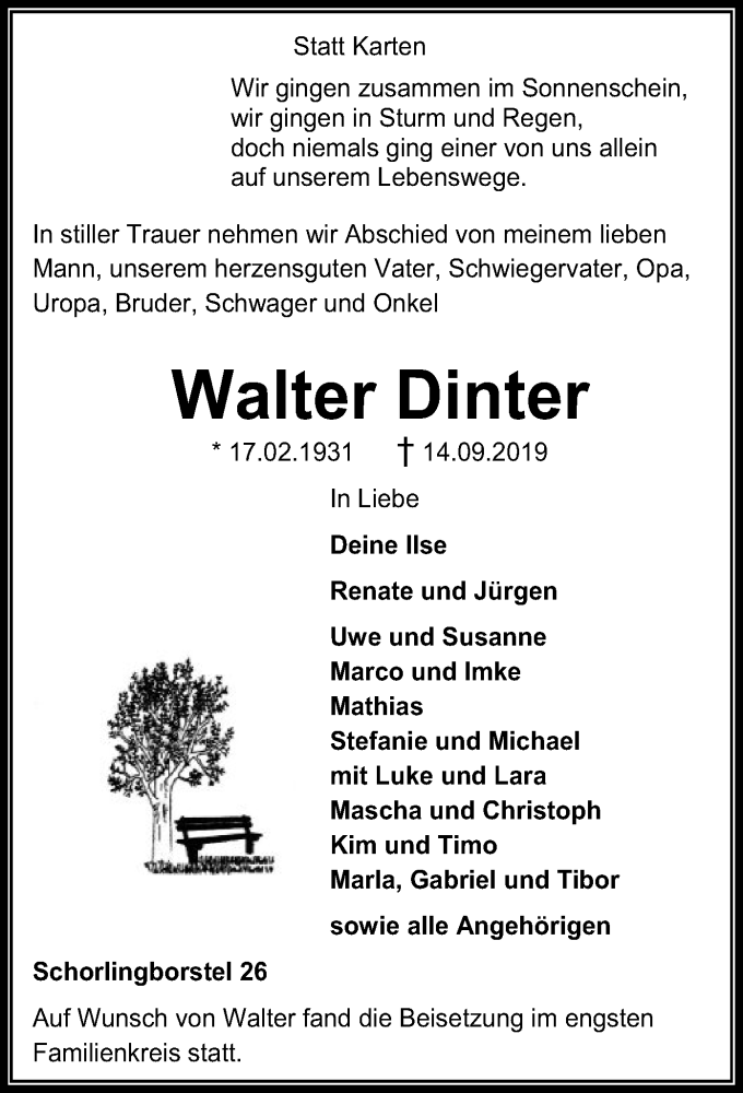  Traueranzeige für Walter Dinter vom 19.09.2019 aus SYK