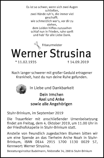 Traueranzeige von Werner Strusina von SYK