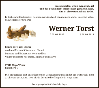 Traueranzeige von Werner Torst von SYK