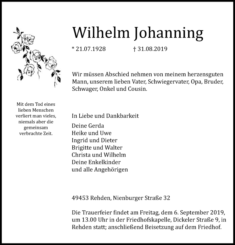  Traueranzeige für Wilhelm Johanning vom 03.09.2019 aus SYK