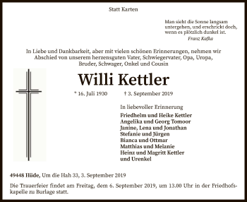 Traueranzeige von Willi Kettler von SYK