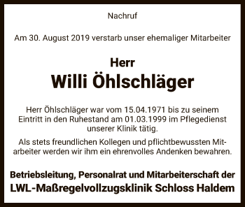 Traueranzeige von Willi Öhlschläger von SYK