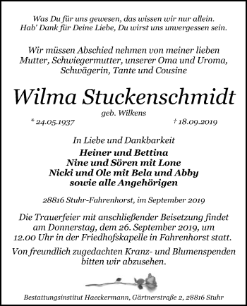 Traueranzeige von Wilma Stuckenschmidt von SYK