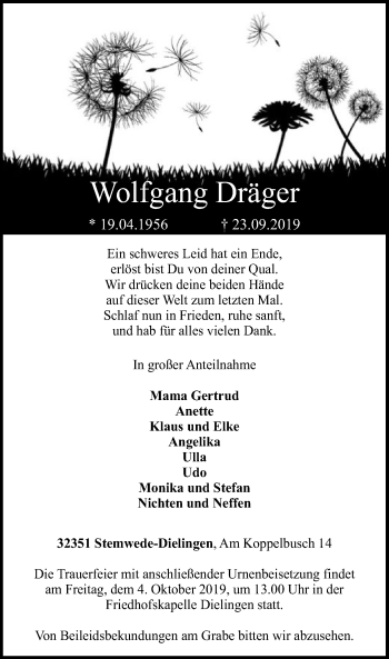 Traueranzeige von Wolfgang Dräger von SYK