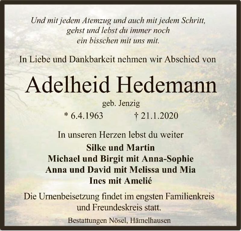 Traueranzeige für Adelheid Hedemann vom 27.01.2020 aus SYK