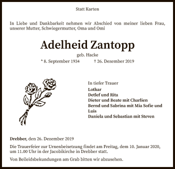 Traueranzeige von Adelheid Zantopp von SYK