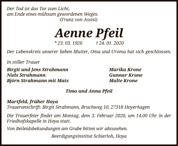 Traueranzeige von Aenne Pfeil von SYK