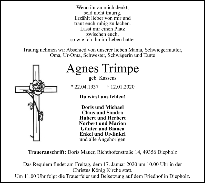  Traueranzeige für Agnes Trimpe vom 14.01.2020 aus SYK