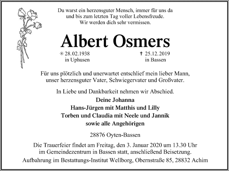  Traueranzeige für Albert Osmers vom 31.12.2019 aus SYK