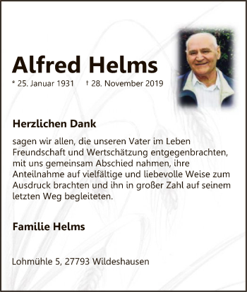 Traueranzeige von Alfred Helms von SYK