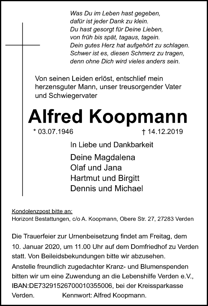  Traueranzeige für Alfred Koopmann vom 04.01.2020 aus SYK