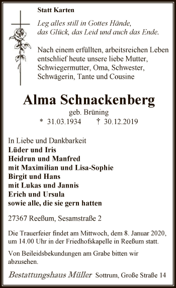 Traueranzeige von Alma Schnackenberg von SYK