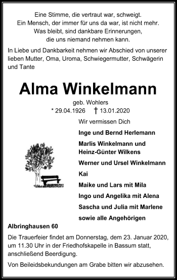 Traueranzeige von Alma Winkelmann von SYK