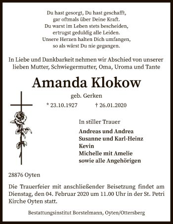 Traueranzeige von Amanda Klokow von SYK