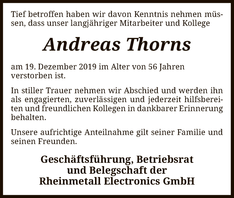  Traueranzeige für Andreas Thorns vom 04.01.2020 aus SYK